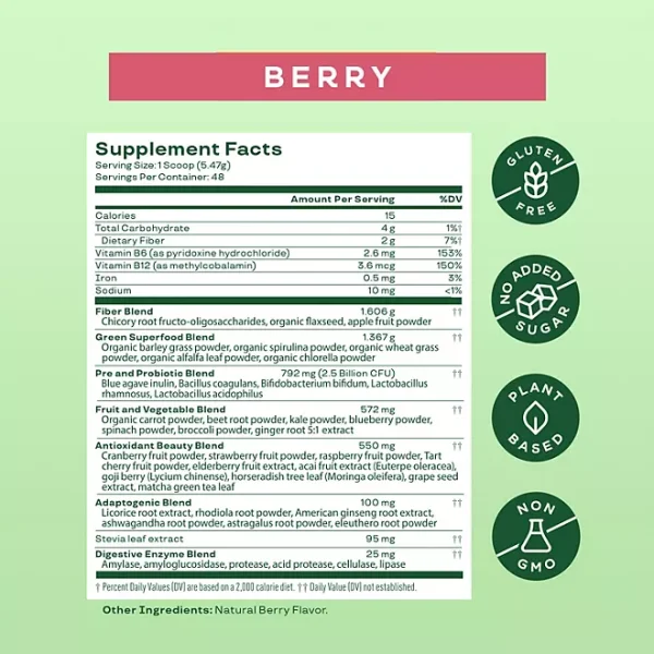 Bloom Nutrition Greens & Superfoods Powder, Berry, 0.5 lbs. - Imagen 2