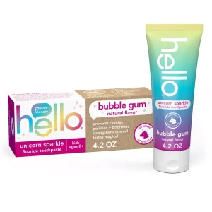 Hello Kids' Unicorn Sparkle SLS Free + Vegan Fluoride Toothpaste - Natural Bubble Gum Flavor - 4.2oz