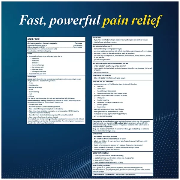 Advil Liqui-Gels Pain Reliever and Fever Reducer, Ibuprofen 200mg Capules, 240 ct. - Imagen 2