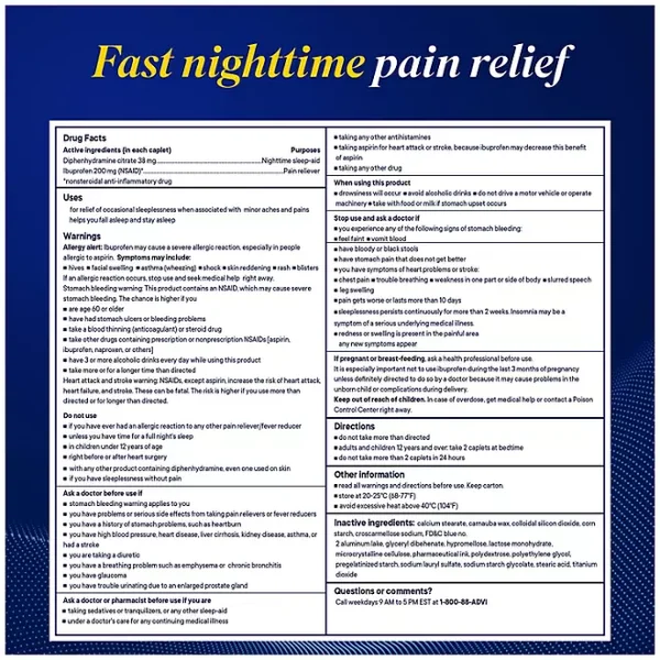 Advil PM Pain Reliever and Nighttime Sleep Aid, Ibuprofen and Diphenhydramine Caplets, 200 ct. - Imagen 2